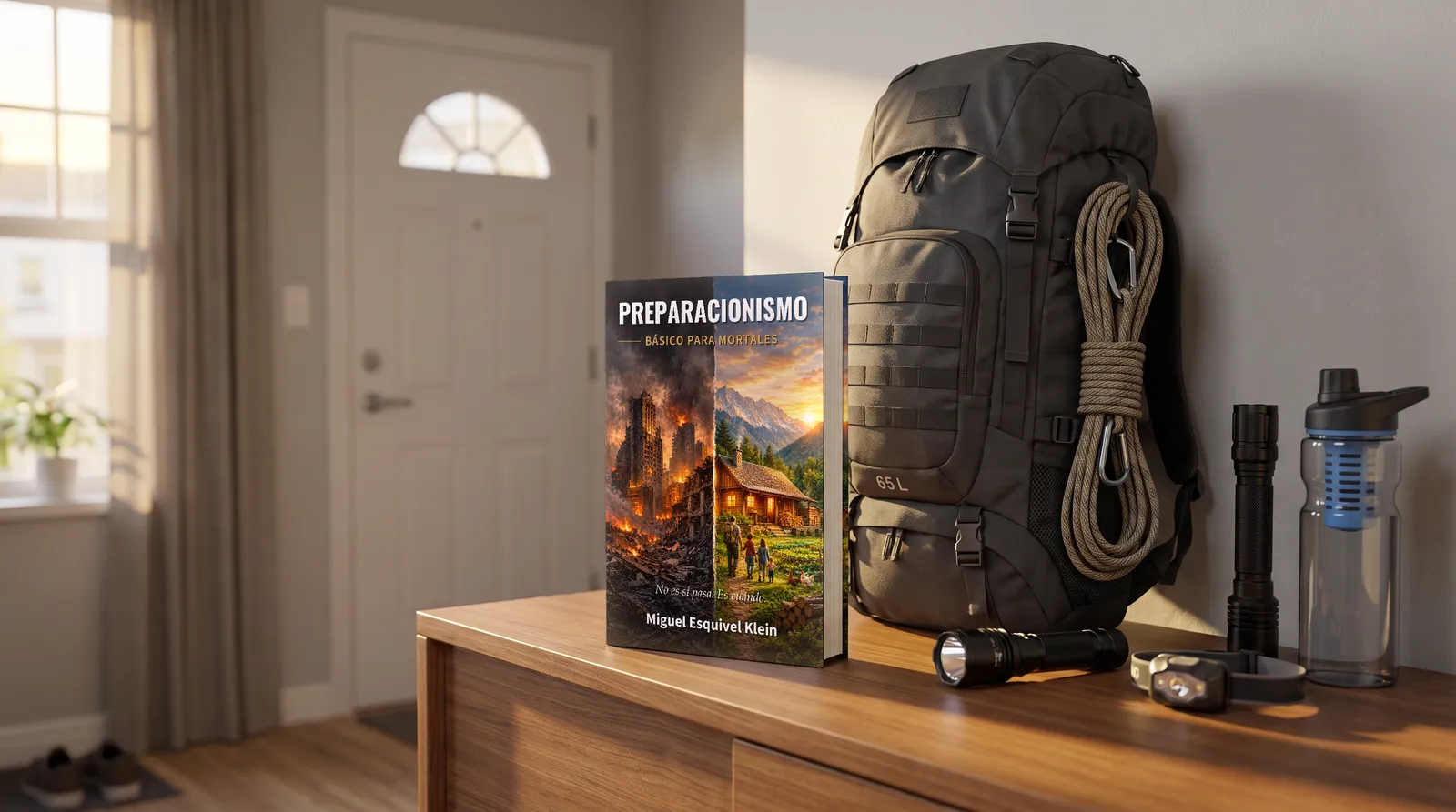 Ilustración: el libro junto a una mochila de evacuación con cuerda, linternas y un filtro de agua, sobre un mueble cerca de la puerta.
