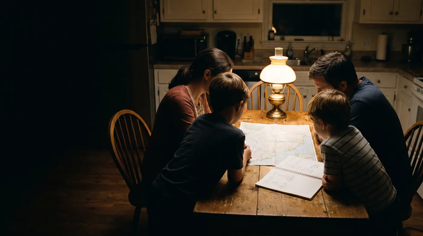 Una familia, de espaldas, revisa un mapa sobre la mesa de la cocina a la luz de una lámpara.