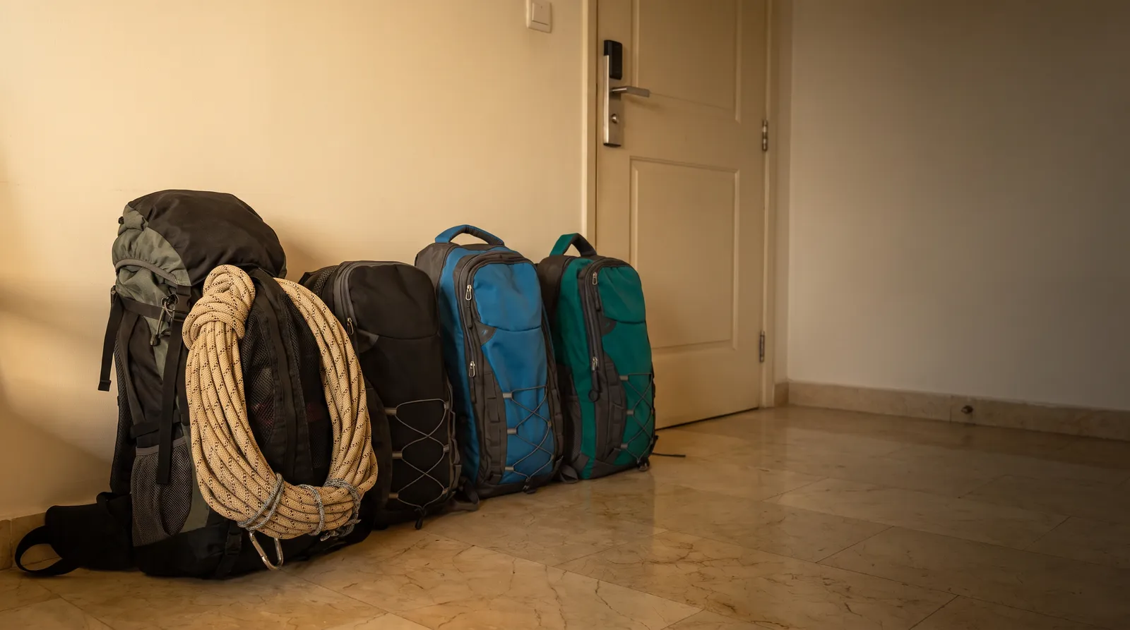 Cuatro mochilas de evacuación alineadas en el piso, junto a la puerta de salida de un apartamento.